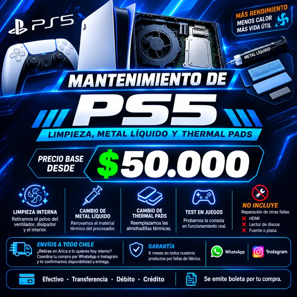 Mantenimiento de PS5 (Limpieza, Metal Líquido y Thermal Pads) — Servicios Técnicos, Sevelin Arica